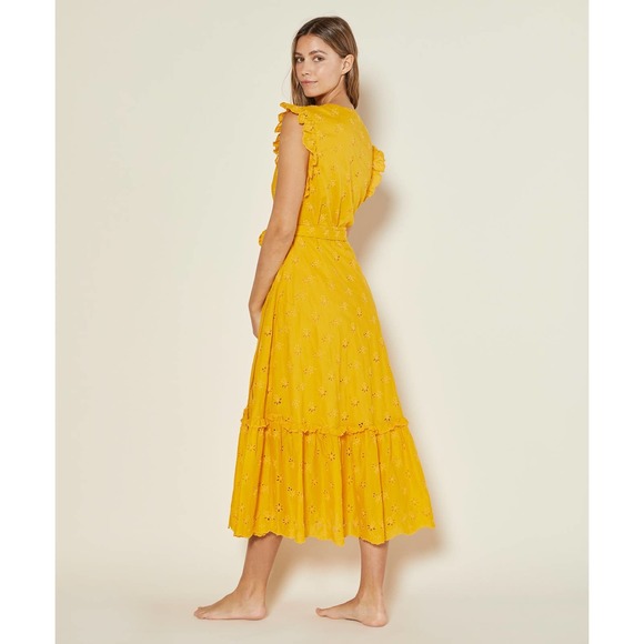 Outerknown Eyelet Kahlo Wrap Dress Eyelet Yellow Golden Rod - Picture 2 of 7